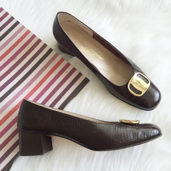 Salvatore Ferragamo Nero Snakeskin Block Heels - Picture 1 of 2